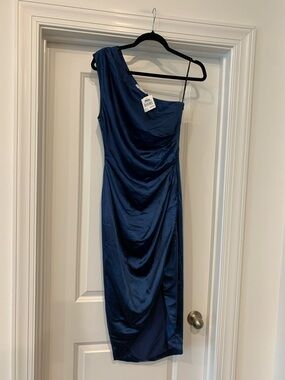 Elliatt One-Shoulder Draped Satin Dress in midnight sky S NWT